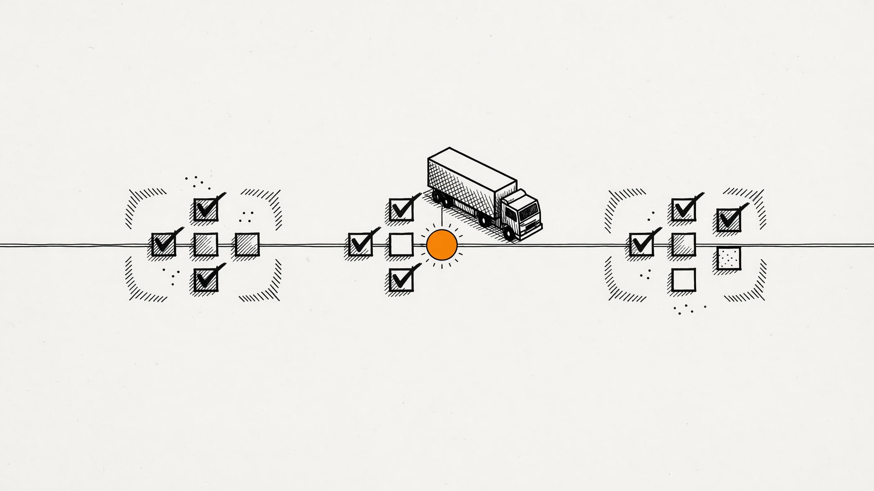 A truck driver orientation checklist laid out as three phases along a timeline — before arrival, day one at the terminal, and follow-up.