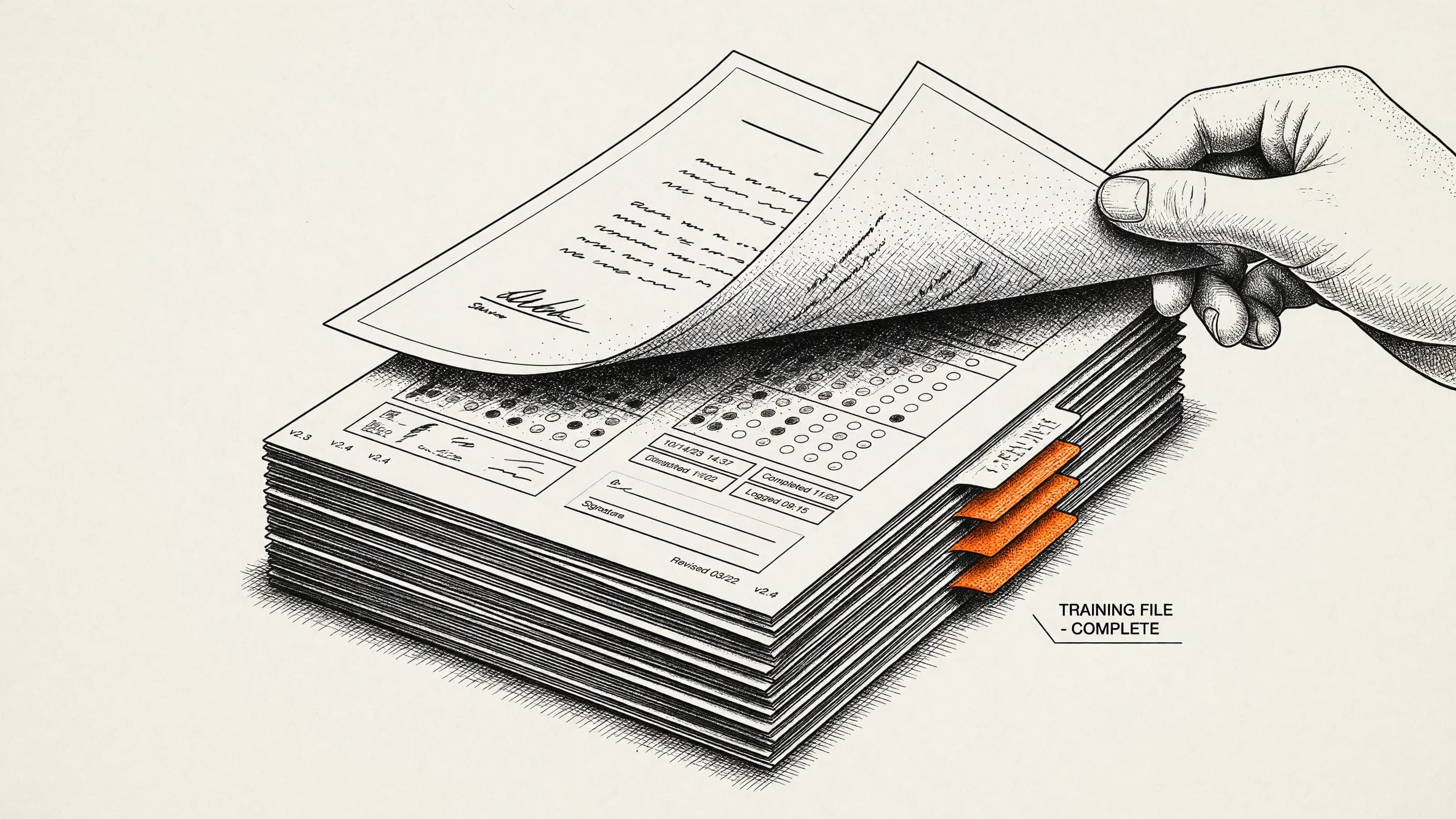 A single training certificate lifted to reveal the full evidence stack behind it — versions, quiz attempts, timestamps, and signatures for one driver.