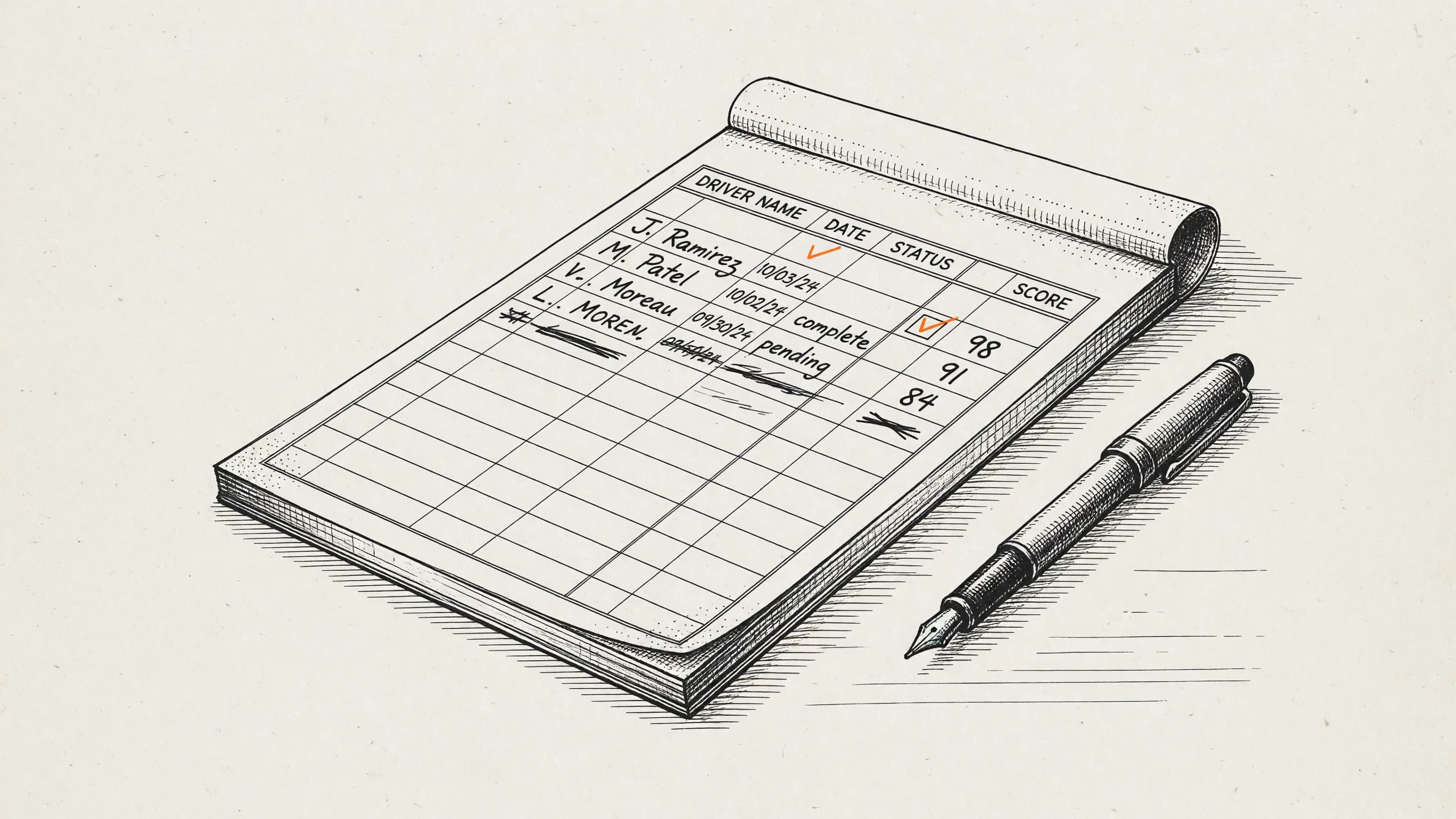 A hand-kept driver training log with columns for name, date, status, and score — the starting point a structured training record template replaces.