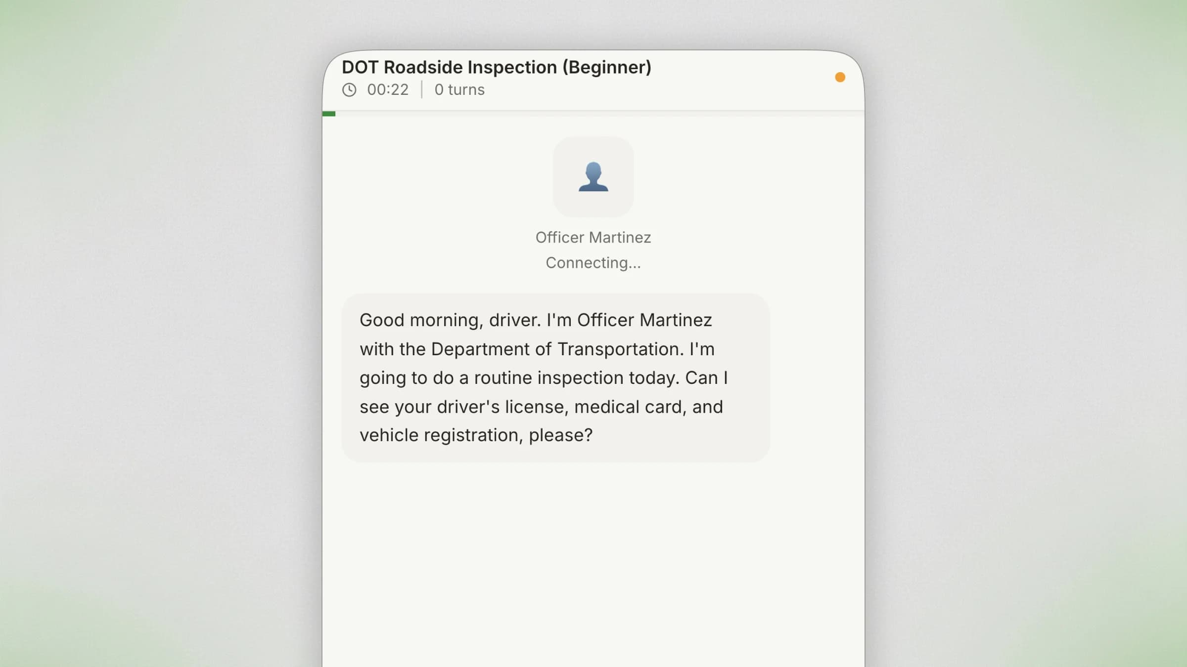 TruckTalk AI voice roleplay simulating a DOT roadside inspection where an officer asks for license, medical card, and vehicle registration