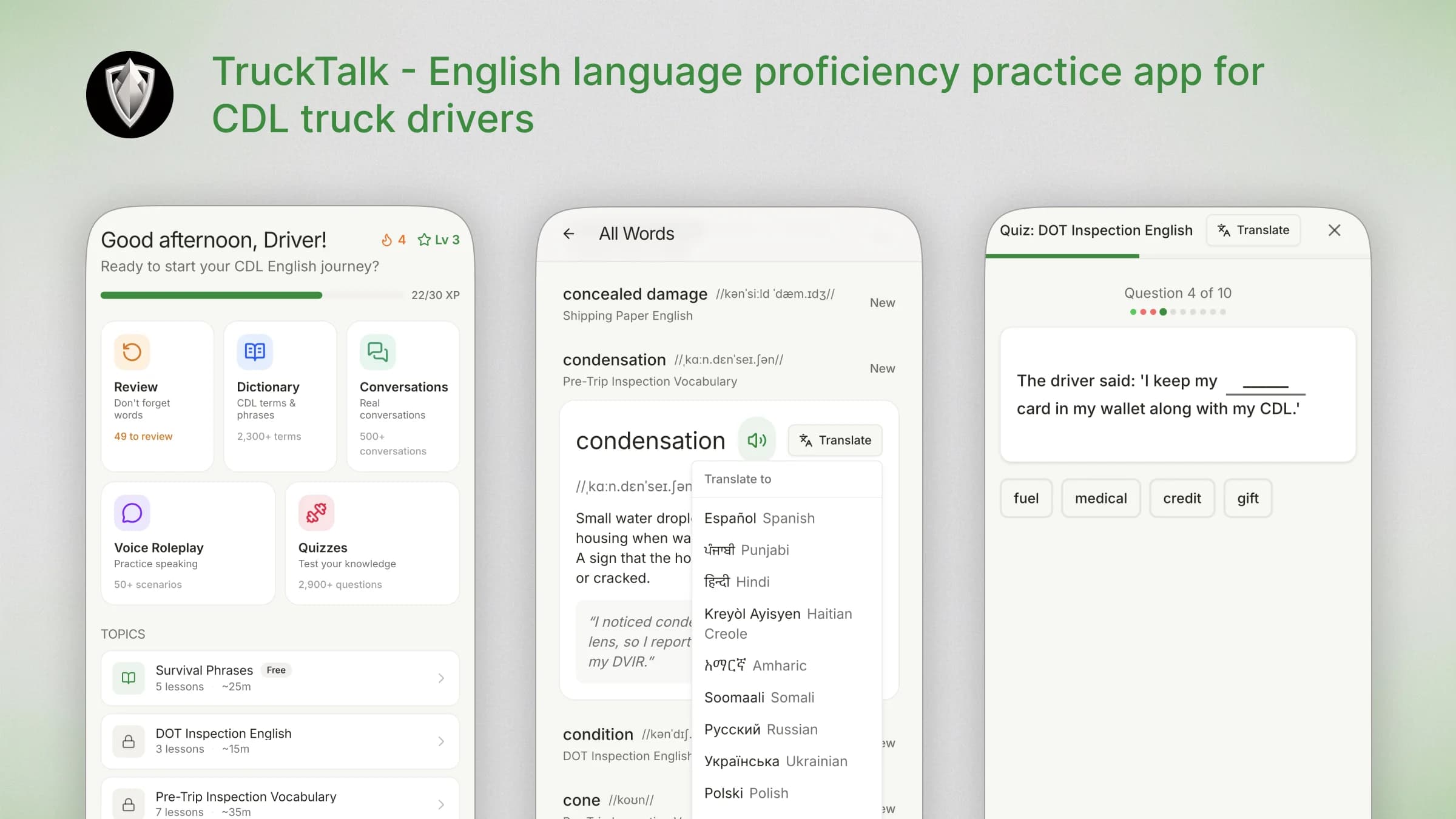 TruckTalk CDL English proficiency practice app showing the study dashboard, vocabulary dictionary, and quiz interface