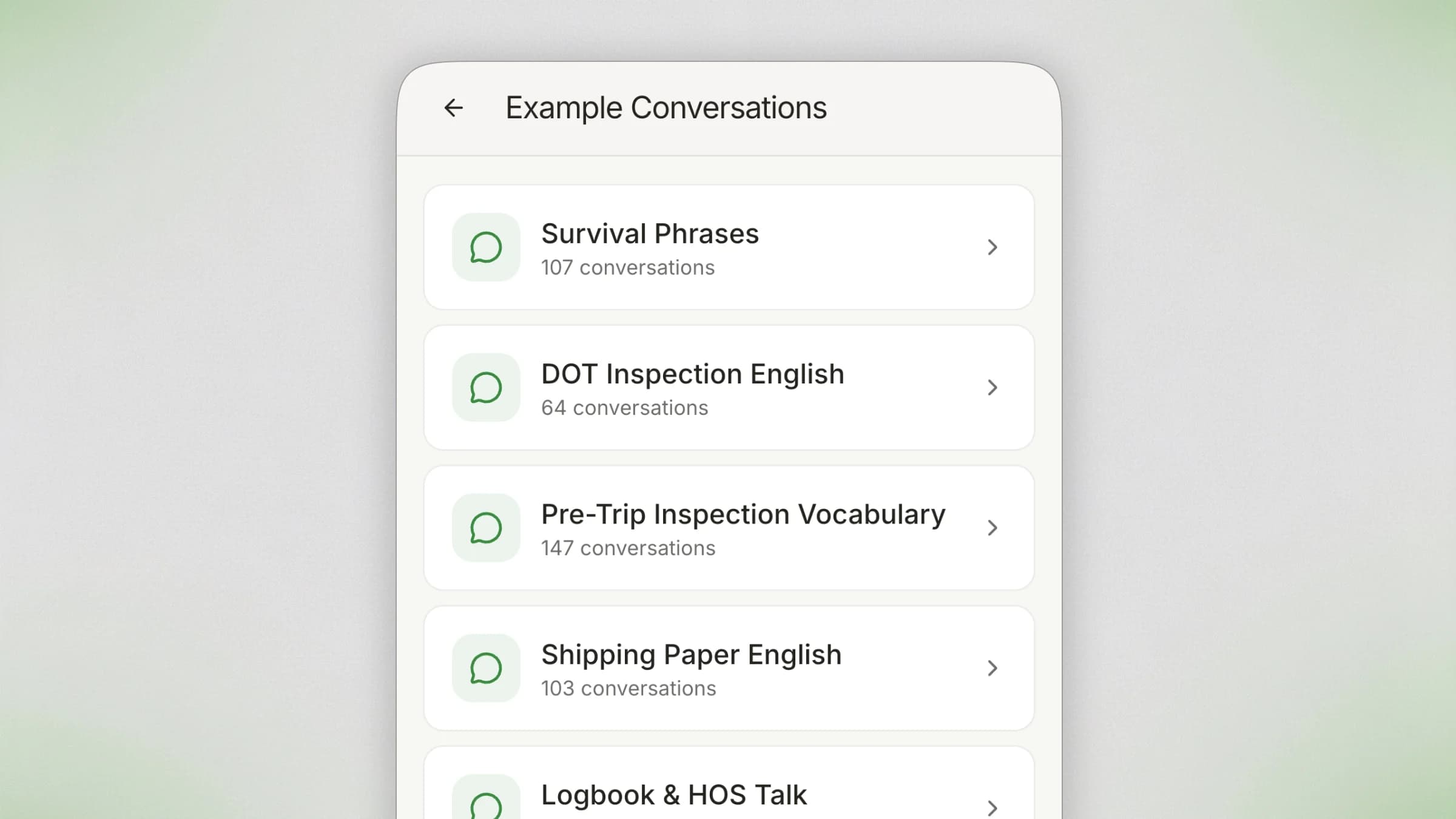 TruckTalk example conversations organized by topic including DOT inspection, pre-trip, and logbook talk
