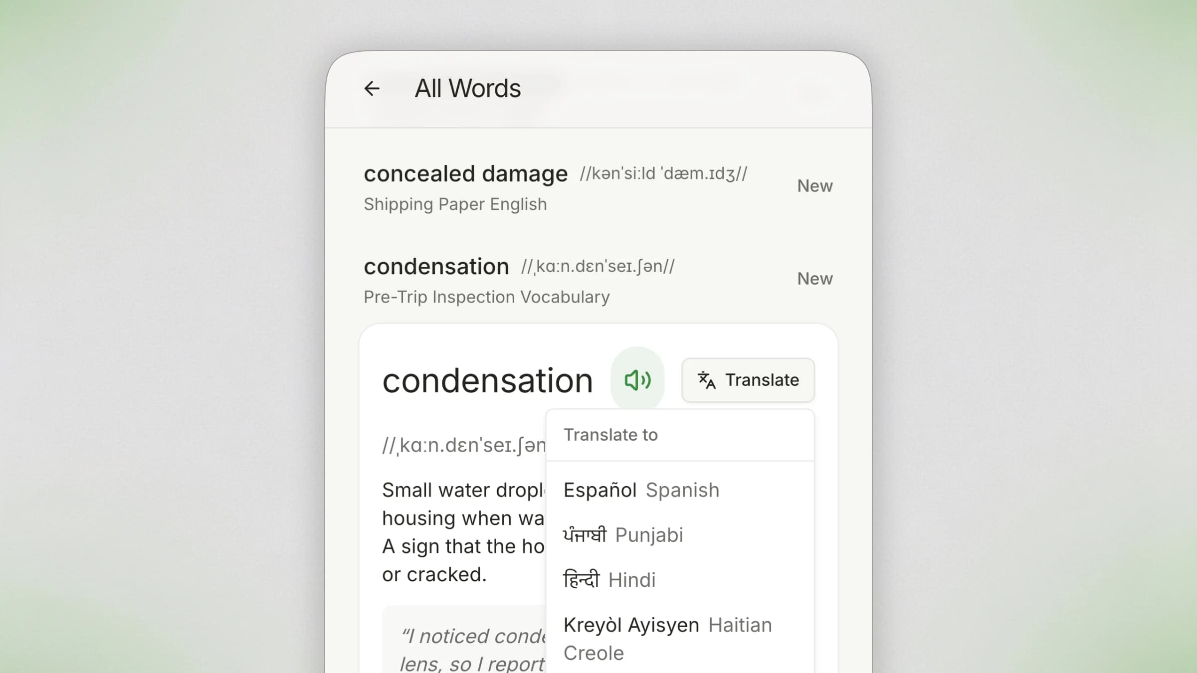 TruckTalk vocabulary dictionary showing CDL terms with phonetic pronunciation, definitions, and native-language translation